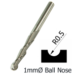 1mmØ Ball Nose Upcut Spiral x 3mm x 3mm- 2 Flute  
